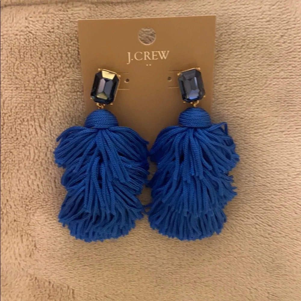 J.Crew Blue Tassel Statement Earrings Gold Tone Crystal Drop NWT